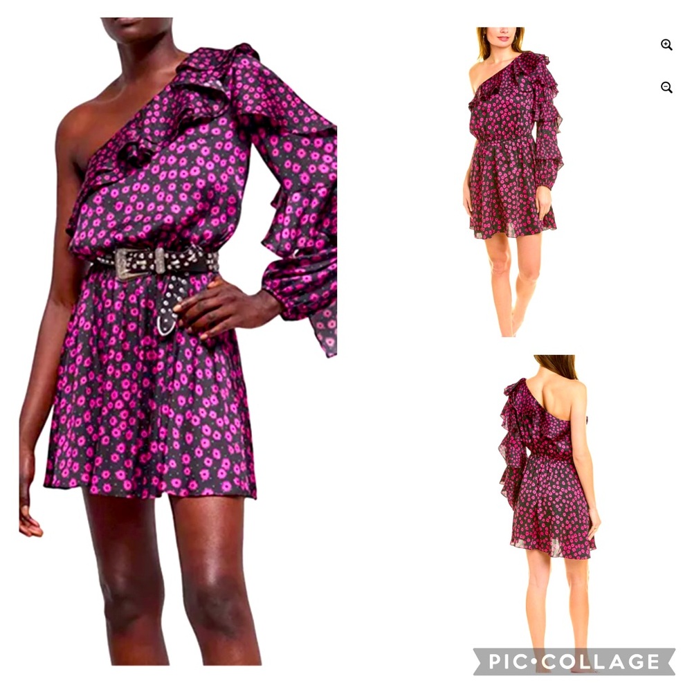 NWT THE KOOPLES One Sleeve black pink flower flouncy dress usa size 4 kooples 1